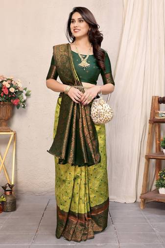 Lemon green soft silk blend banarasi jacuard work designer party wear saree with unstitched blouse piece