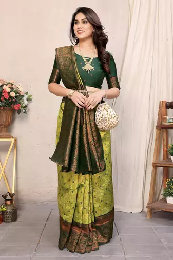 Lemon green soft silk blend banarasi jacuard work designer party wear saree with unstitched blouse piece