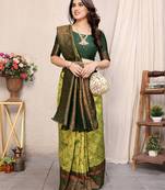 Lemon green soft silk blend banarasi jacuard work designer party wear saree with unstitched blouse piece