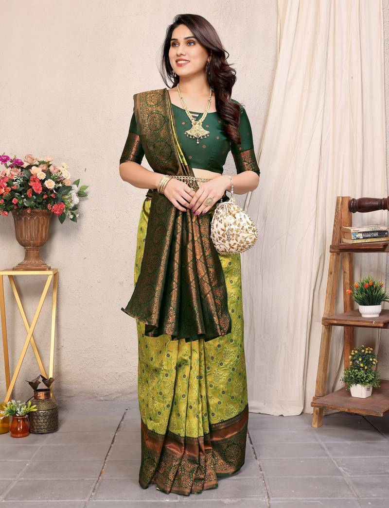 Lemon green soft silk blend banarasi jacuard work designer party wear saree with unstitched blouse piece