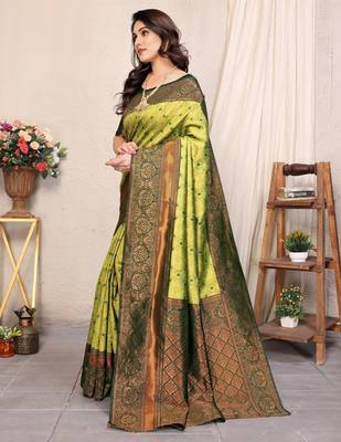 Lemon green silk blend banarasi saree with unstitched blouse piece 2