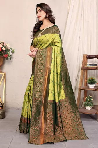 Lemon green silk blend banarasi saree with unstitched blouse piece