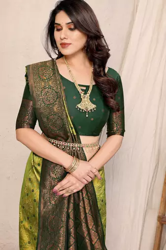Lemon green silk blend banarasi saree with unstitched blouse piece