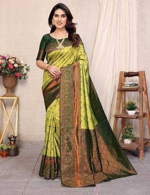 Lemon green silk blend banarasi saree with unstitched blouse piece 4