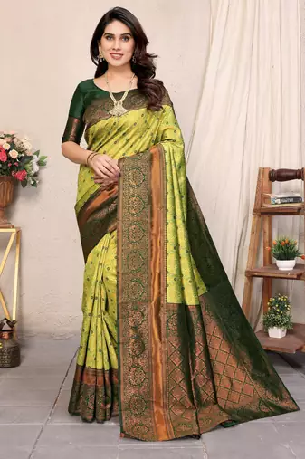 Lemon green silk blend banarasi saree with unstitched blouse piece