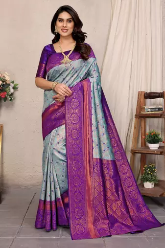 Sky blue purple soft silk blend banarasi jacuard work designer party wear saree with unstitched blouse piece