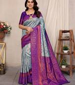 Sky blue purple soft silk blend banarasi jacuard work designer party wear saree with unstitched blouse piece