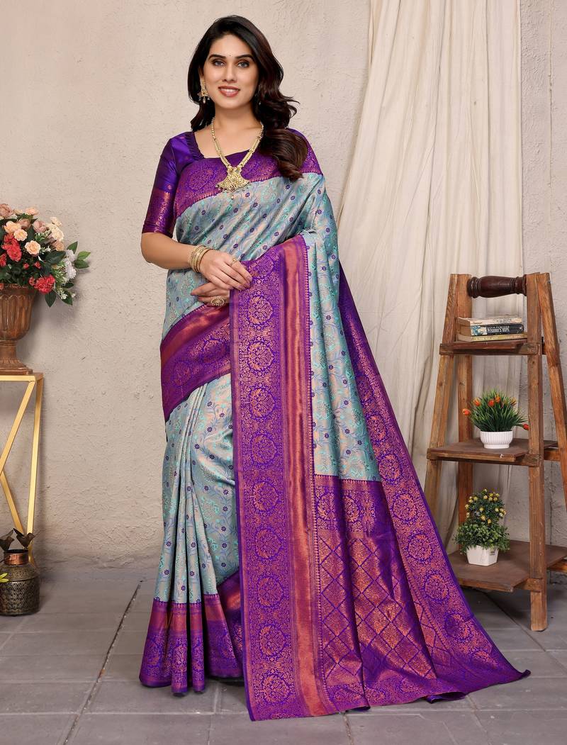 Sky blue purple soft silk blend banarasi jacuard work designer party wear saree with unstitched blouse piece