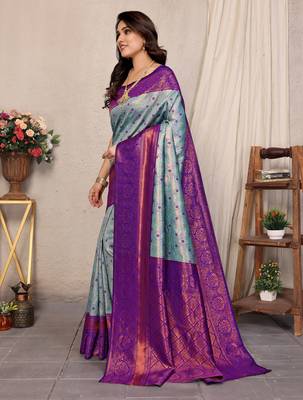 Sky blue purple silk blend banarasi saree with unstitched blouse piece 2