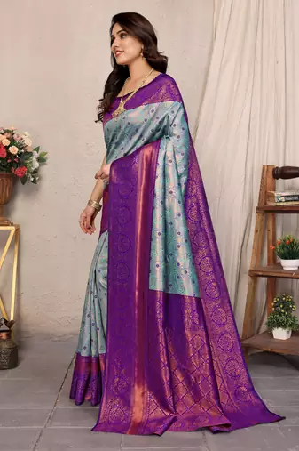 Sky blue purple silk blend banarasi saree with unstitched blouse piece