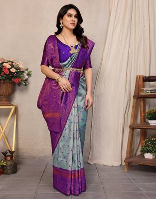 Sky blue purple silk blend banarasi saree with unstitched blouse piece 3