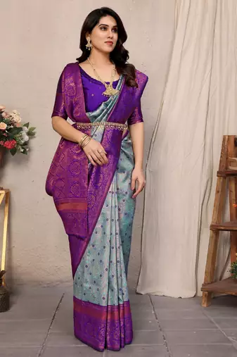 Sky blue purple silk blend banarasi saree with unstitched blouse piece