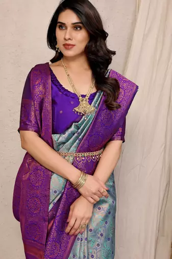 Sky blue purple silk blend banarasi saree with unstitched blouse piece