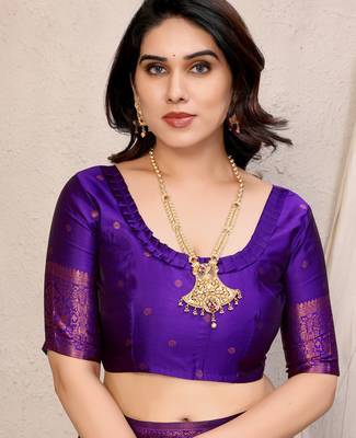 Sky blue purple silk blend banarasi saree with unstitched blouse piece 5