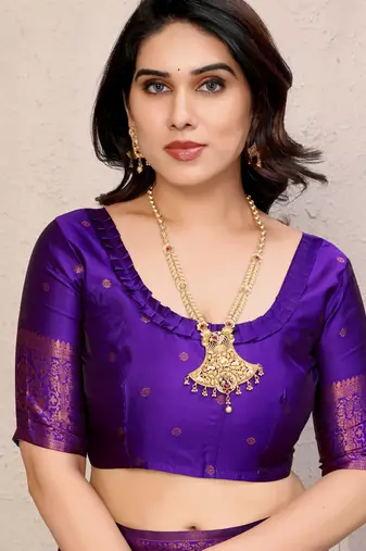 Sky blue purple silk blend banarasi saree with unstitched blouse piece