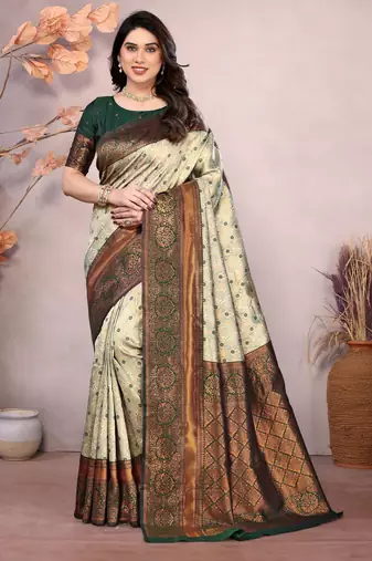 Pista green soft silk blend banarasi jacuard work designer party wear saree with unstitched blouse piece