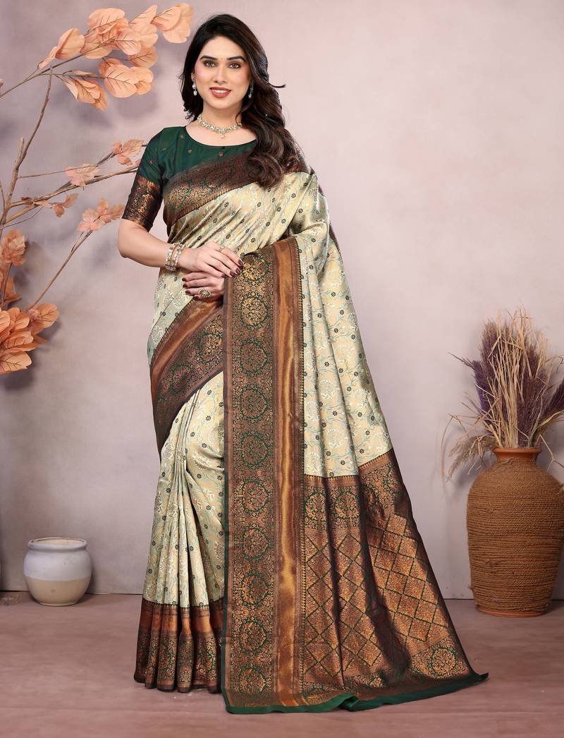 Pista green soft silk blend banarasi jacuard work designer party wear saree with unstitched blouse piece