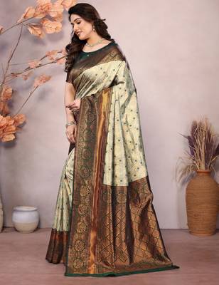 Pista green silk blend banarasi saree with unstitched blouse piece 2