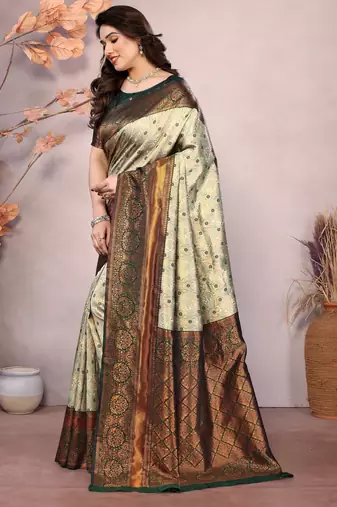 Pista green silk blend banarasi saree with unstitched blouse piece