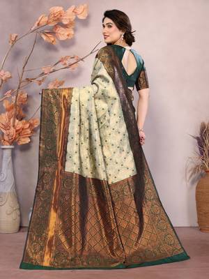 Pista green silk blend banarasi saree with unstitched blouse piece 3