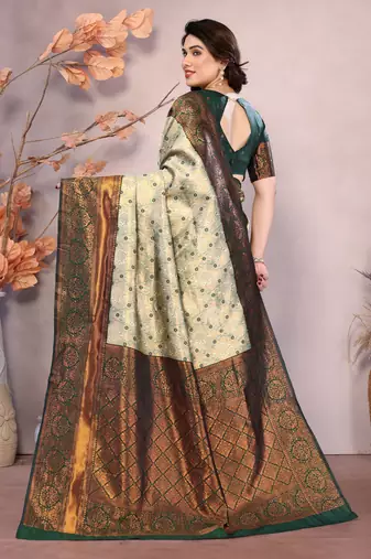 Pista green silk blend banarasi saree with unstitched blouse piece