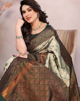 Pista green silk blend banarasi saree with unstitched blouse piece 4