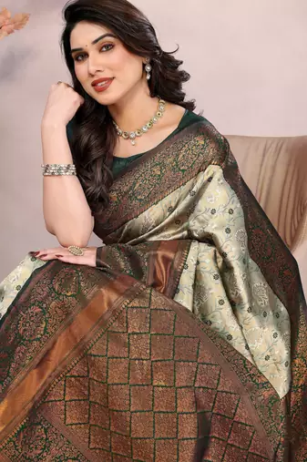 Pista green silk blend banarasi saree with unstitched blouse piece