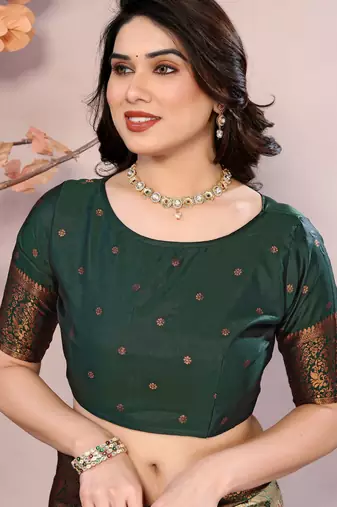 Pista green silk blend banarasi saree with unstitched blouse piece
