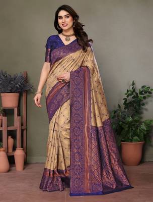 Cream blue silk blend banarasi saree with unstitched blouse piece 1