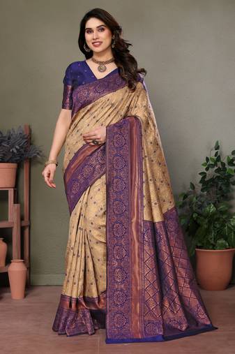 Cream blue soft silk blend banarasi jacuard work designer party wear saree with unstitched blouse piece