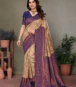 Cream blue soft silk blend banarasi jacuard work designer party wear saree with unstitched blouse piece