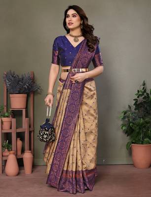 Cream blue silk blend banarasi saree with unstitched blouse piece 2
