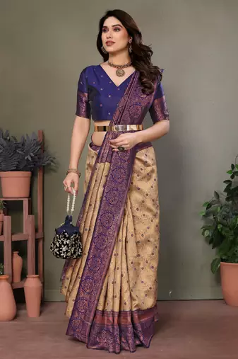Cream blue silk blend banarasi saree with unstitched blouse piece