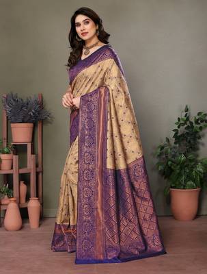 Cream blue silk blend banarasi saree with unstitched blouse piece 3