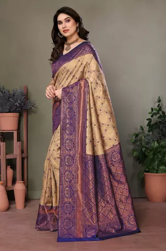 Cream blue silk blend banarasi saree with unstitched blouse piece