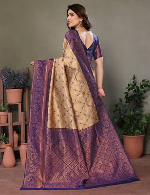 Cream blue silk blend banarasi saree with unstitched blouse piece 4