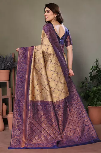 Cream blue silk blend banarasi saree with unstitched blouse piece