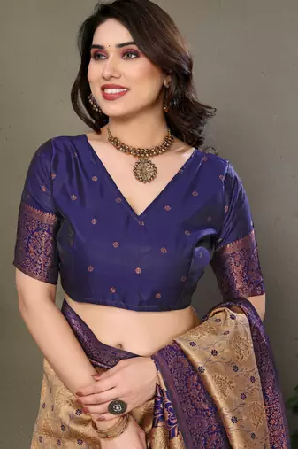 Cream blue silk blend banarasi saree with unstitched blouse piece