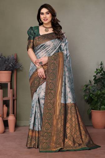 Green soft silk blend banarasi jacuard work designer party wear saree with unstitched blouse piece
