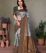Green silk blend banarasi saree with unstitched blouse piece