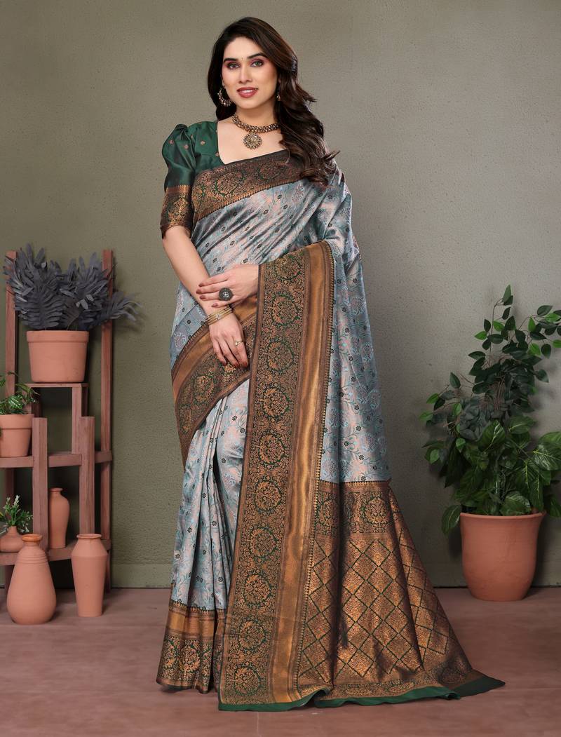 Green soft silk blend banarasi jacuard work designer party wear saree with unstitched blouse piece