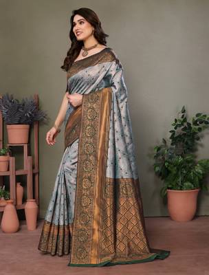 Green silk blend banarasi saree with unstitched blouse piece 2
