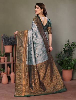 Green silk blend banarasi saree with unstitched blouse piece 3