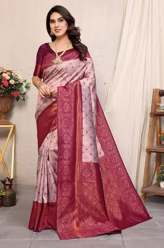 Wine soft silk blend banarasi jacuard work designer party wear saree with unstitched blouse piece