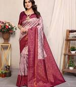 Wine soft silk blend banarasi jacuard work designer party wear saree with unstitched blouse piece