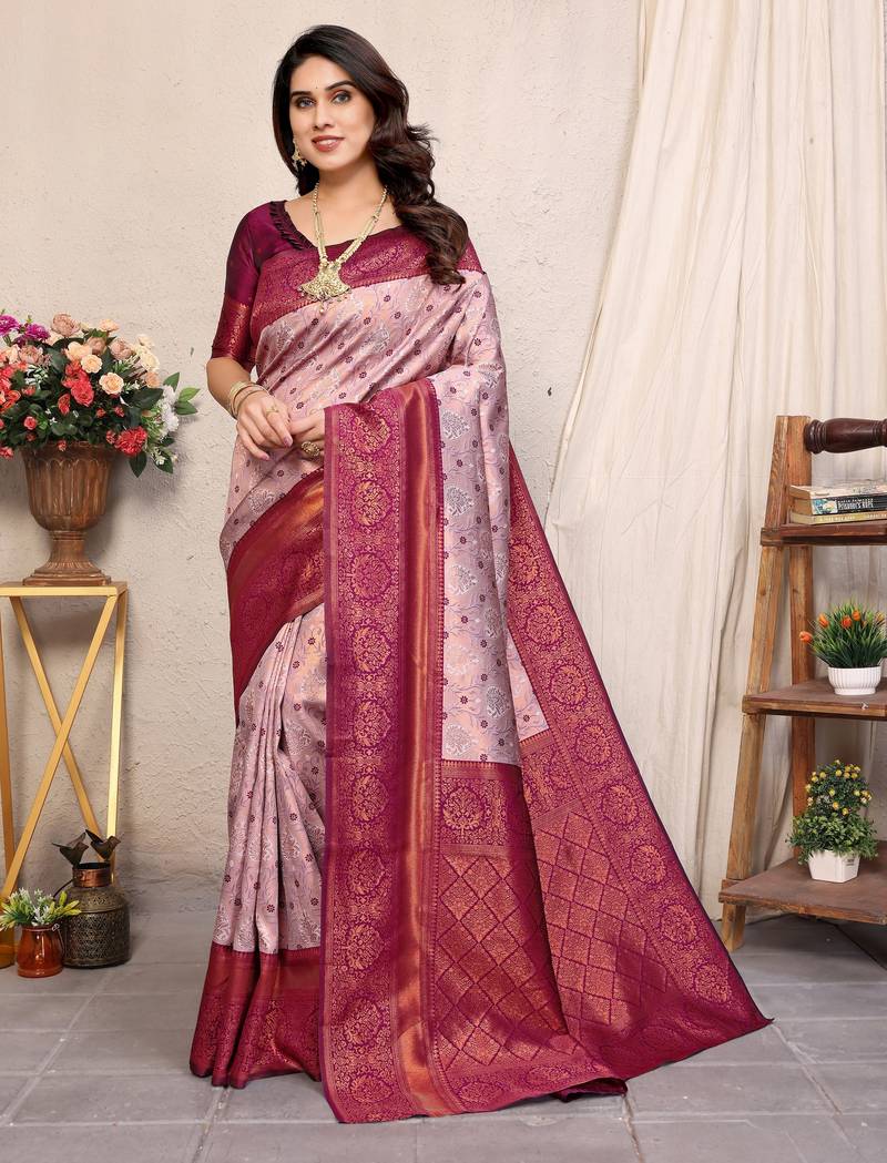 Wine soft silk blend banarasi jacuard work designer party wear saree with unstitched blouse piece