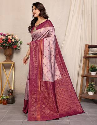 Wine silk blend banarasi saree with unstitched blouse piece 2
