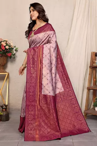Wine silk blend banarasi saree with unstitched blouse piece