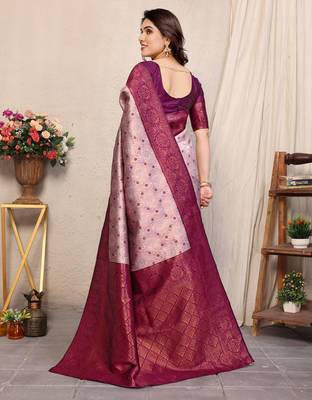 Wine silk blend banarasi saree with unstitched blouse piece 3