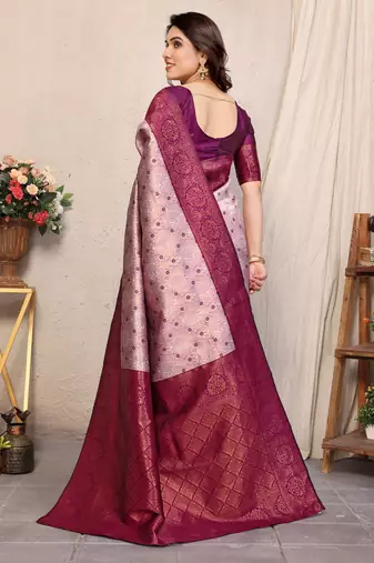 Wine silk blend banarasi saree with unstitched blouse piece
